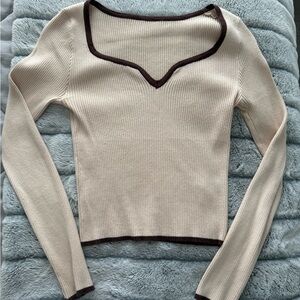 SHEIN Cream V-Neck Sweater with Elegant Brown Trim